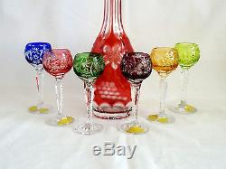 Nachtmann Cranberry Cut to Clear Crystal Decanter & 6 Multi Cordials