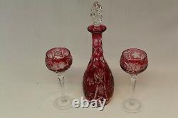 Nachtmann Cut to Clear Cranberry 15 Tall Decanter and 2 glasses BEAUTIFUL