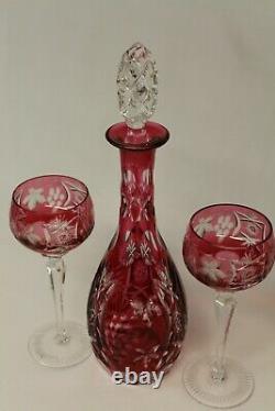 Nachtmann Cut to Clear Cranberry 15 Tall Decanter and 2 glasses BEAUTIFUL