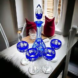 Nachtmann Traube Cobalt Blue Cut-to-Clear 4 Cordial Glasses & Decanter Grapevine