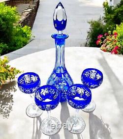 Nachtmann Traube Cobalt Blue Cut-to-Clear 4 Cordial Glasses & Decanter Grapevine