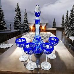 Nachtmann Traube Cobalt Blue Cut-to-Clear 4 Cordial Glasses & Decanter Grapevine