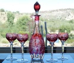 Nachtmann Traube Cranberry Cut to Clear Decanter & 4 Wine Goblets HTF Stopper