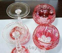 Nachtmann Traube Cranberry Cut to Clear Decanter & 4 Wine Goblets HTF Stopper