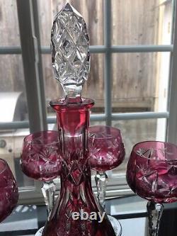 Nachtmann Traube Cranberry Cut to Clear Decanter Hocks Goblets Set Of 7