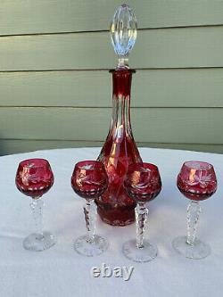 Nachtmann decanter set, cut-to-clear with 4 matching cordials Traube red grape
