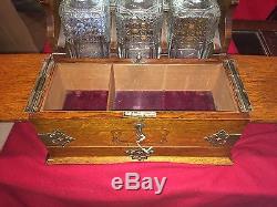 Oak Tantalus Box 3 Cut Glass Decanters Antique 19th Century