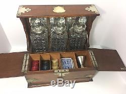 Oak Tantalus Box 3 Cut Glass Decanters Antique. 19th Century. Original Key