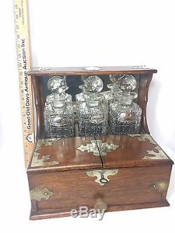 Oak Tantalus Box 3 Cut Glass Decanters Antique. 19th Century. Original Key