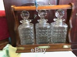 Oak Tilt Bar Tantalus/Decanter Stand With 3 Hobnail Cut Decanters And Key