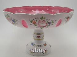 Old Bohemian Floral White Cut To Pink Case Glass Compote Bowl on Stand 11¾in