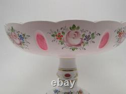 Old Bohemian Floral White Cut To Pink Case Glass Compote Bowl on Stand 11¾in