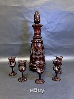 Old Vintage Czech Bohemian Glass Ruby Red Cut to Clear Decanter Set Deer Bird