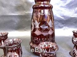 Old Vintage Czech Bohemian Glass Ruby Red Cut to Clear Decanter Set Deer Bird