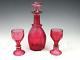 Outstanding Antique Bohemian Cranberry Cut Glass Decanter & 2 Glasses Ca 1850