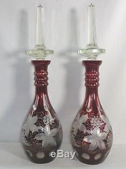 Outstanding Large Pair of Bohemian Ruby Cut to Clear Glass Decanters