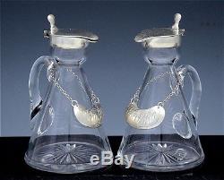 PAIR 1930 MAPPIN & WEBB STERLING & CUT GLASS WHISKEY NOGGIN JUGS w DECANTER TAGS