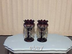 PAIR ANTIQUE AMETHYST MANTLE LUSTERS Bohemian Style Cut To Clear