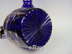 Pair Of Large Gilt Bohemian Moser Cobalt Heavy Cut Blue Glass Decanters Bottle