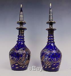 Pair Of Large Gilt Bohemian Moser Cobalt Heavy Cut Blue Glass Decanters Bottle