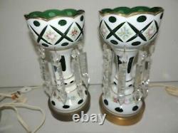 PR WHITE CUT TO GREEN GLASS HAND PAINTED ELECTRIC MANTLE LUSTERS With CRYSTALS