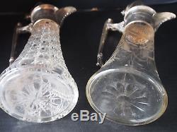 Pair (2) Antique Art Deco Pewter Cut Glass Claret Decanter Carafe Jug Pitchers
