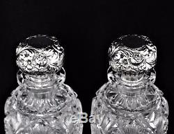 Pair ANTIQUE AMERICAN BRILLIANT CUT CRYSTAL Decanter cologne bottle Sterling