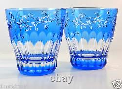 Pair Ajka Dof Rocks Whiskey Glasses, Lt. Blue Cased Cut To Clear Crystal, New