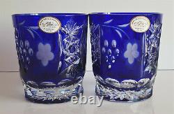Pair Ajka Marsala Cobalt Blue Cased Cut To Clear Crystal Whiskey Glasses