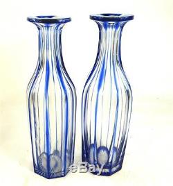 Pair Antique 19th Century Blue Overlay Cut To Clear Decanters Bohemian