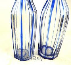 Pair Antique 19th Century Blue Overlay Cut To Clear Decanters Bohemian
