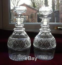 Pair Antique 19th Century Cut Glass 3 Ring Decanters Marked A 10 25.5 cm