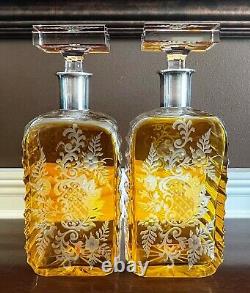 Pair Antique Bohemian Cut Glass Amber Crystal Engraved Silver Collar Decanters