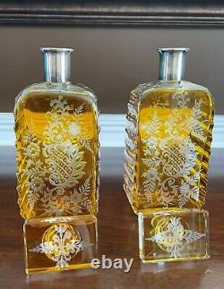 Pair Antique Bohemian Cut Glass Amber Crystal Engraved Silver Collar Decanters