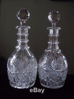 Pair Antique Brilliant Crystal Cut Large Glass Decanters