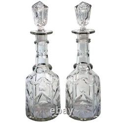 Pair Antique English Mid Victorian Cut Glass Tall Neck Decanters c. 1860