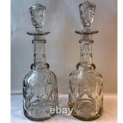 Pair Antique English Mid Victorian Cut Glass Tall Neck Decanters c. 1860