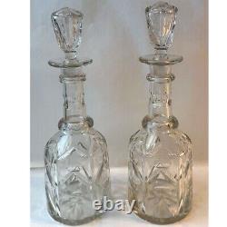 Pair Antique English Mid Victorian Cut Glass Tall Neck Decanters c. 1860