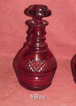 Pair Antique English or Irish Ruby Red Cut Glass Decanters