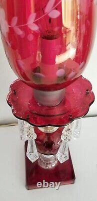 Pair Antique Glass Cranberry Cut To Clear Mantle Lusters Lamps w Crystal Prisms
