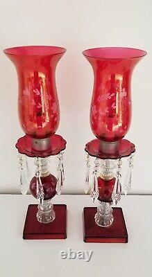 Pair Antique Glass Cranberry Cut To Clear Mantle Lusters Lamps w Crystal Prisms