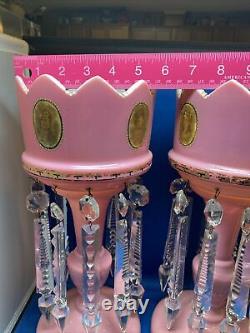 Pair Antique Pink Hand Painted Mantle Lusters Lustre with Cut Glass Prisms