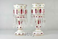 Pair Antique Victorian Mantle Lusters Bohemian Cut To Cranberry Hand Blown