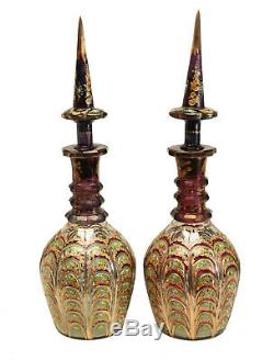 Pair Large Bohemian Cranberry Glass & Enamel Hand Cut Persian Decanters, c1920