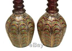 Pair Large Bohemian Cranberry Glass & Enamel Hand Cut Persian Decanters, c1920