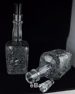 Pair Of ABP American Brilliant Cut & Engraved Floral Square Glass Decanters