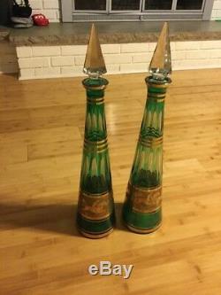 Pair Of Bohemian Cut Green Glass Decanters, Gold Horse Scene, Glass Stoppers