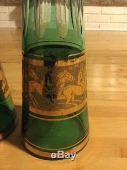 Pair Of Bohemian Cut Green Glass Decanters, Gold Horse Scene, Glass Stoppers