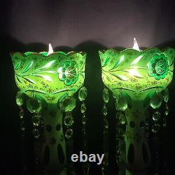 Pair Of Bohemian Cut To Emerald Green Glass Mantle Lusters Czech Lustres