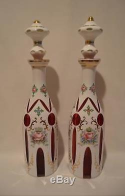 Pair Of Bohemian Glass Cased White Cut To Cranberry Decanters